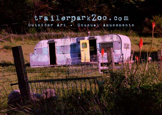 Vintage trailer now used as a day-lounge for sheep in west Sonoma County, California